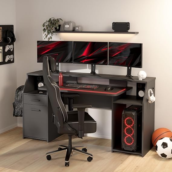 Tvilum Function Plus Computer Gaming Desk with Storage Shelves, Drawer and Monitor Riser, Black Color Finish