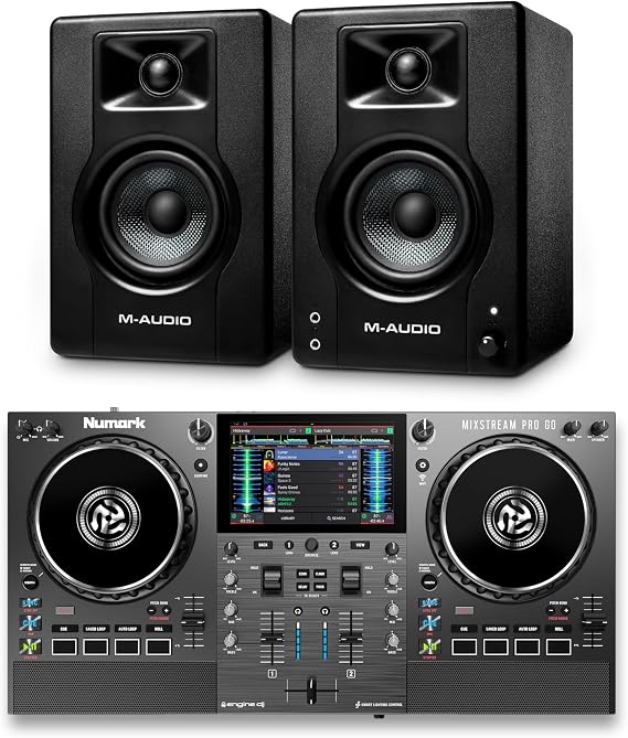 Numark Mixstream Pro Go DJ Controller and M-AUDIO BX3 Pair Studio Monitors for Studio Recording, Music Production, Podcasting, Streaming