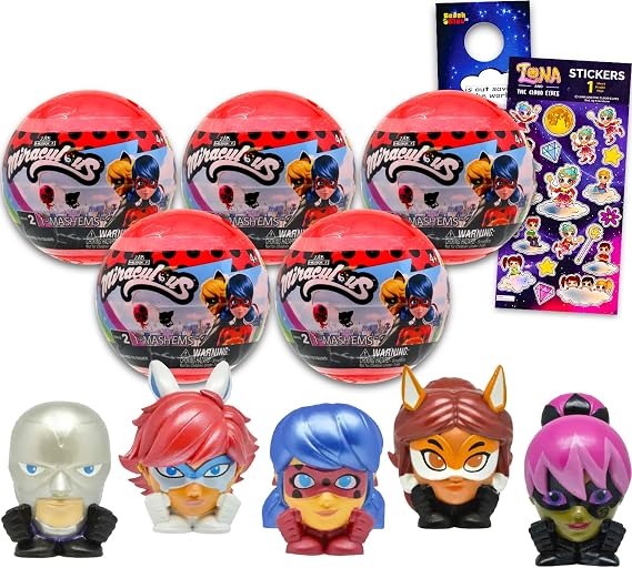 Miraculous Ladybug Blind Ball Party Favors - Bundle of 5 Mash'Ems Mini Figures Mystery Toys Plus Stickers, More | Toy Figurines for Kids, Boys, Girls