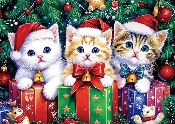 Christmas Cat Puzzles for Adults 1000 Pieces Funny Kittens Winter Holiday Animal Jigsaw Puzzle Xmas Tree Impossible Challenging Puzzles for Adults as Christmas Decorations