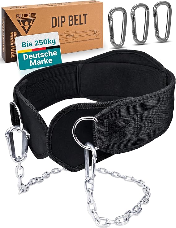 PULLUP & DIP Belt with Chain and 3 x Carabiners Dip Belt Including Neoprene Flaps as Clothing Protection Weight Belt Weighted Belt Pull-Up Belt for Calisthenics Weight Training Bodybuilding