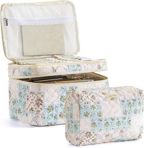 HBselect 2Pcs Travel Makeup Bag Large Quilted Cosmetic Bag Make up Bag | Toiletry Bag for Travel, Cute Floral Make up Bag Toiletry Bags for Women Girls, Purse Storage Holds Makeup, Toiletries