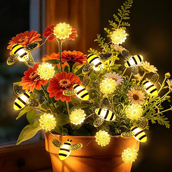 Coquimbo Bee & Sunflower Decor Fairy Lights 10ft 30LED Battery Operated | Bumble Cottage Core Decor Gifts for DIY, Home, Dorm room, Bedroom, Classroom, Birthday, Party, Wedding, Christmas Tree