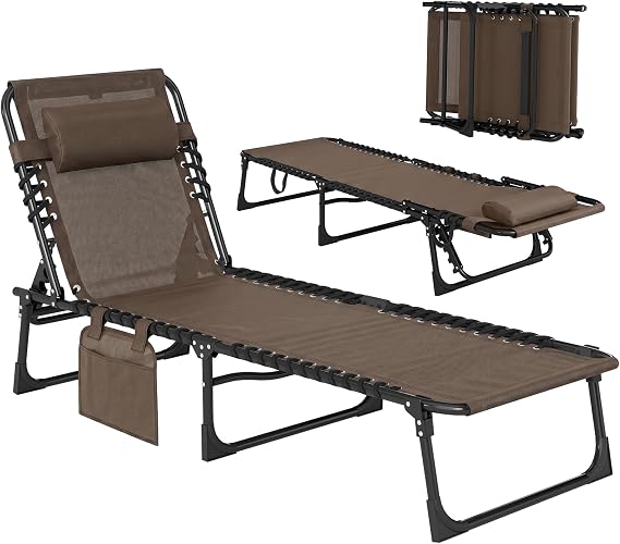 Outsunny Folding Chaise Lounge Chair Outdoor Side Pocket Headrest Brown