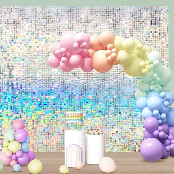 Rainbow Silver Shimmer Wall Backdrop, 30cm×30cm×24 Pcs Square Sequin Panels