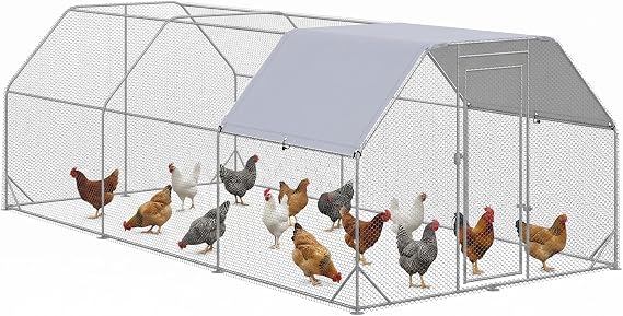 PawHut Large Chicken Coop Metal Chicken Run with Waterproof and Anti-UV Cover, Flat Shaped Walk in Fence Cage Hen House for Outdoor and Yard Farm Use, 1" Tube Diameter, 9.2' x 18.7' x 6.4'