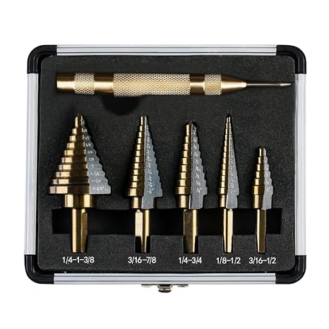KENDO 6PCS Step Drill Bit Set for Metal, 50 Hole Sizes with Center Punch