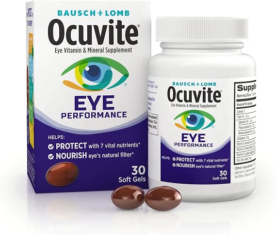 Ocuvite Eye Performance Vitamin & Mineral Supplement, Lutein and Zeaxanthin Supplements, Vitamins C, D, E, Zinc, and Omega-3, Helps Protect Eyes from Blue Light, 30 Softgels