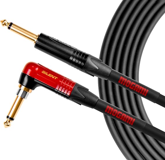 Mogami OD GTR-12 Silent R Overdrive Guitar Instrument Cable, 1/4 TS Male Plugs, Gold Contacts, Right Angle silentPLUG to Straight Connectors, 12 Foot