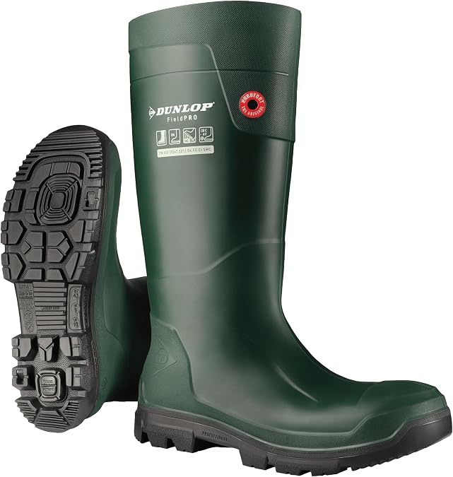 DUNLOP Purofort FieldPRO - Work boots for Men & Women - Waterproof Safety boots with Soft Toe - Chemical and Slip Resistant - Green/Black - Size 3-14