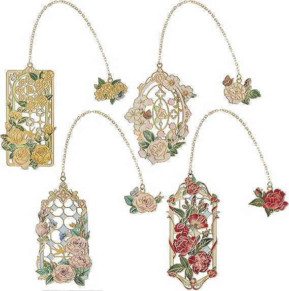 Snycler 4PCS Rose Hollow Metal Bookmarks - Elegant Book Clips & Clasps for Reading, Exquisite Design, ExquisiteGift for Book Lovers(Rose)