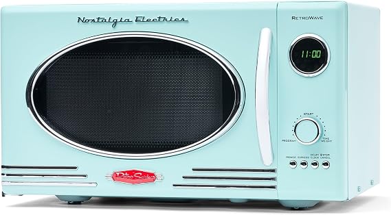 Nostalgia Retro Countertop Microwave Oven - Large 800 Watt Model - 25 Litres - 12 Preprogrammed Cooking Programmes - Digital Clock - Kitchen Appliances - Aqua