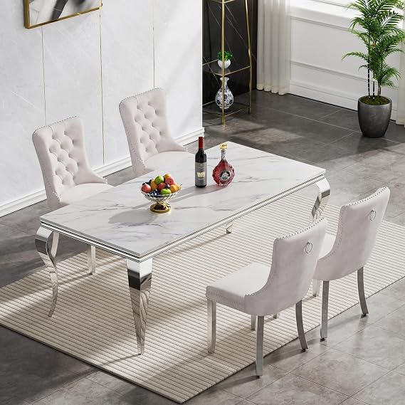 68" Luxury Faux Marble Dining Table Set for 4, Modern White Kitchen Table with Silver Stainless Steel Pedestal, Modern Dining Room Table with 4 Beige Velvet Dining Chairs, 5 Piece Dining Table Set