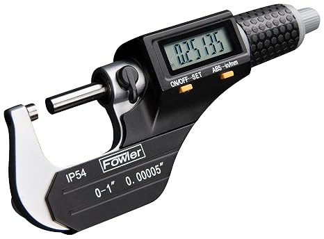 Fowler 54-860-001-1, Digital Coolant Resistant Micrometer with 0-1"/25mm Measuring Range, Flat Anvil & Spindle, Black/Gray