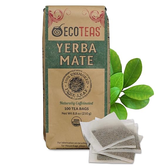 ECOTEAS Organic Yerba Mate Tea Bags Unsmoked 100 Count 8.8 oz Pack of 1 | Organic unsmoked yerba mate 100 bulk bags, USDA organic kosher non-GMO gluten free, low acid smooth natural caffeine