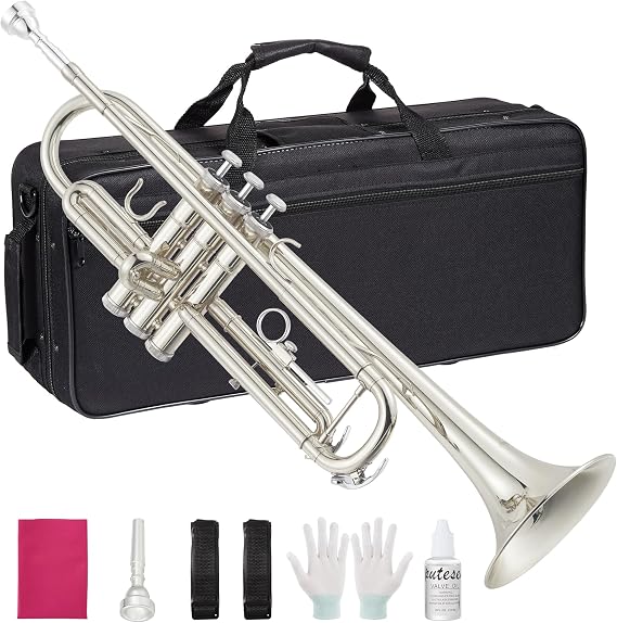 Senfot Nickel-Plated Brass Standard Trumpets with Bag, Mouthpiece, Strap, Gloves, Cleaning cloth, Trumpet oil; Exceptional Sound Quality Instrument for Band, Lessons & Practice