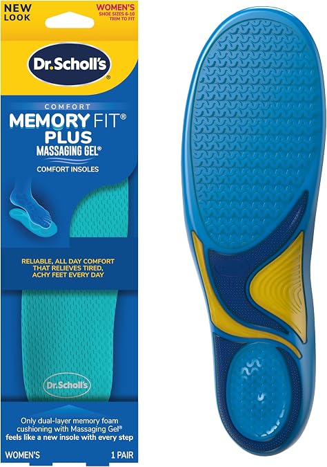 Dr. Scholl's Memory Fit Plus Massaging Gel, Comfort Insoles, Memory Foam & Gel, All-Day Comfort, Arch Support, Distributes Pressure,Shock Absorbing,Trim Insert to Fit Shoe, Women Size 6-10, 1 Pair