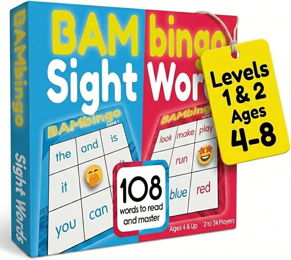 Sight Word Bingo Game Level 1 and 2 - Educational Games for Kids - Learn to Read Vocabulary for Kindergarten 1st Grade - Dolch's Fry's Words Lists