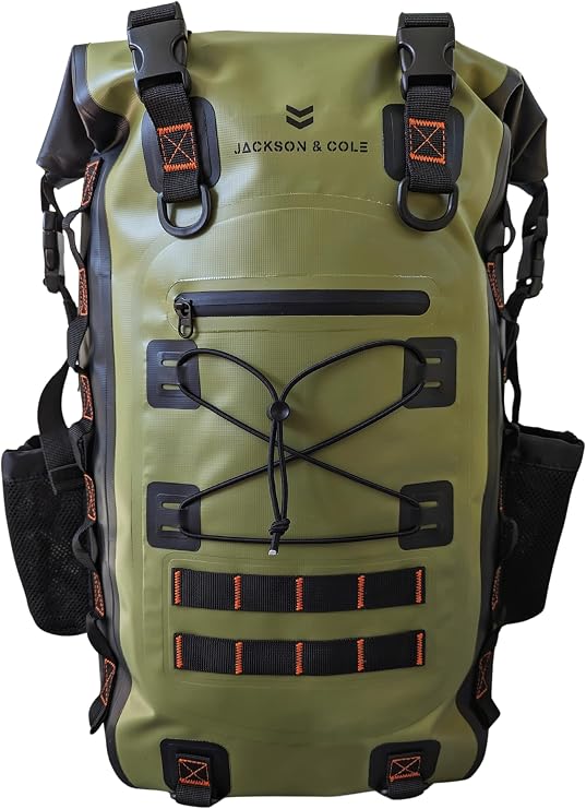 Jackson & Cole Caiman Waterproof Backpack LARGE 40L Rolltop Dry Bag (Green) | Welded Seams, EDC Webbing for Fishing, Walking, Watersports, Jungle Green