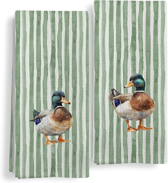 Green Striped Mallard Duck Kitchen Towels Set of 2, Mallard Duck Gifts Dish Tea Towels, Rustic Farmhouse Farm Animal Decorative Hand Towel for Bathroom Decor, 16X24In