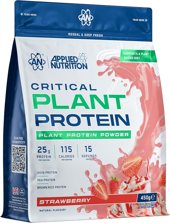 Applied Nutrition Plant Protein Powder – Critical Plant Vegan Protein Shake with SOYA, Pea, Brown Rice Proteins & Essential Amino Acids - Dairy-Free Gym Supplement (450g - 15 Servings) (Strawberry)