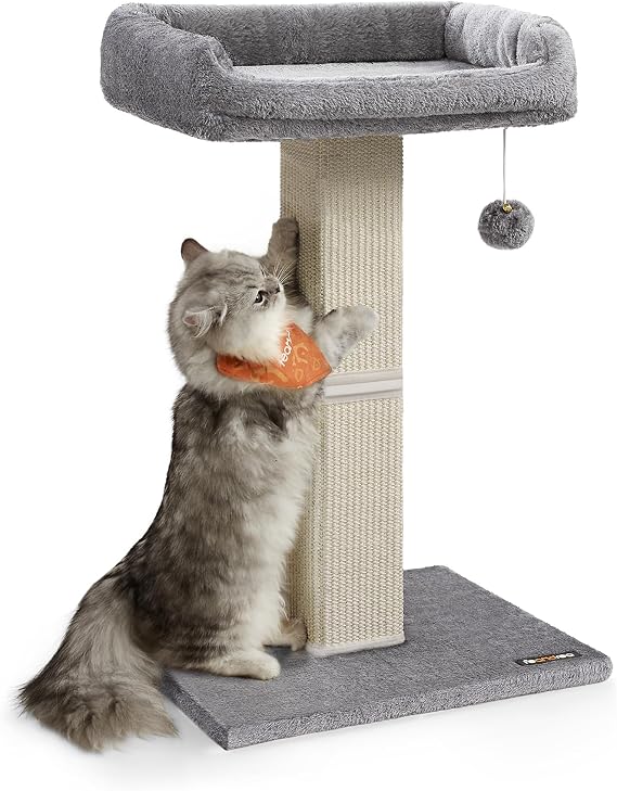 Feandrea Cat Scratching Post, Cat Scratcher with 40 x 30 cm Plush Perch, Cat Tree, 71 cm Tall Scratch Post with Woven Sisal, 45 x 40 cm Base, Pompom, Light Grey PCA022W01