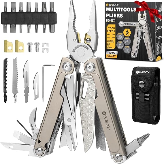 BIBURY Titanium Alloy Multitool with Damascus Knife, EDC Multi tools with Replaceable Wire Cutters, Scissors, Screwdriver Bits, Titanium Handle