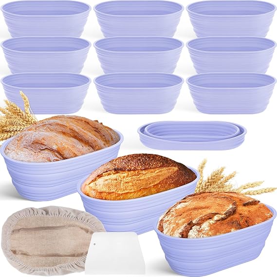 Nuogo 9 Pack Oval Bread Proofing Basket Silicone 10 Inch Collapsible Sourdough Bread Baking Supplies Dough Proofing Bowl with Dough Scraper and Basket Covers (Purple)