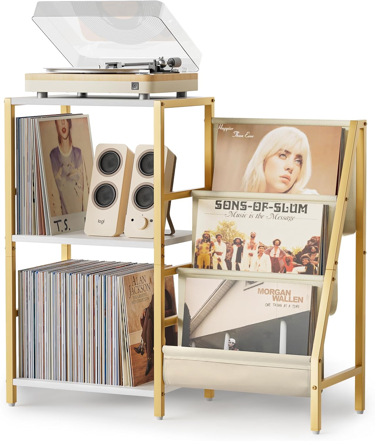 Turntable Stand, Turntable Stand with 3 Tier Vinyl Record Storage, Turntable Table for 200 Albums, Side Table with Vinyl Display Holder, Shelf, Turntable Cabinet
