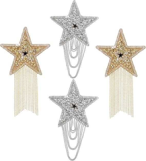 Iron on Patches DIY Rhinestone Star Applique Repair Patch for Clothes Dress Pants Jeans Hats Bags Clothing Embellishment (2 Gold Stars+2 Silver Stars)