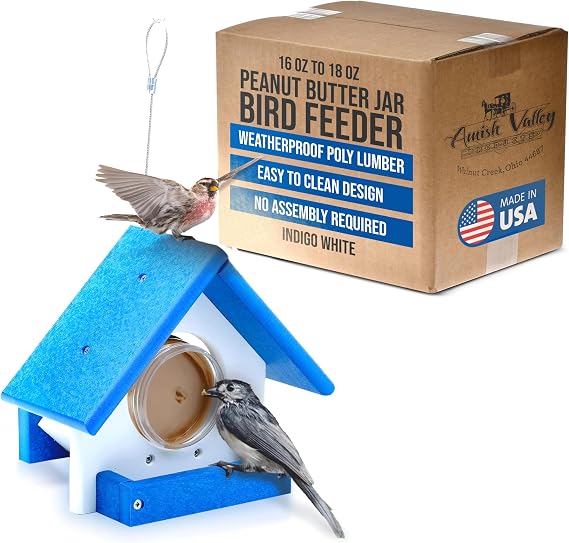 Peanut Butter Jar Bird Feeder Poly Wood Hanging Cable Outdoor Weatherproof (Indigo/White)