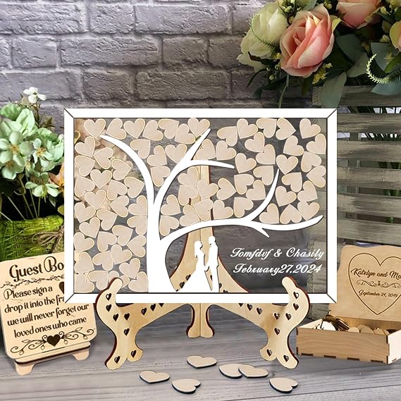 Personalized Wedding Guest Book Alternative Custom Name Date Unique Tree Wedding Guest Book Rustic Wedding Decor for Party, Wedding Wooden Drop Box (Style 11)