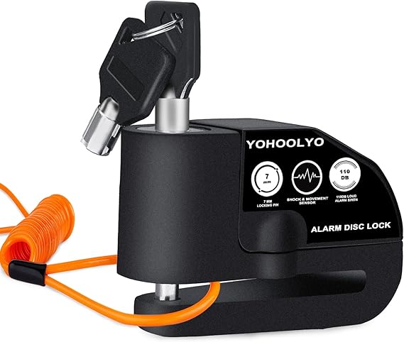 YOHOOLYO Alarm Disc Lock Motorcycle Disc Brake Lock Anti-Theft Waterproof 110 dB 7mm Pin 5ft Reminder Cable for Motorcycles Bike Scooter Carry Pouch (Black)