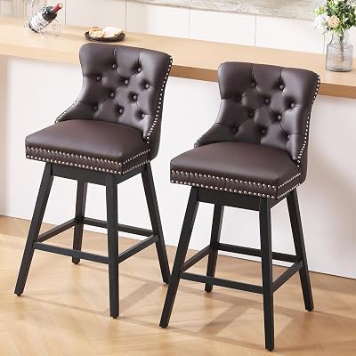Swivel Bar Stool with Back, Faux Leather Counter Height Bar Stools, Upholstered Tufted Counter Height Chairs, Solid Wood Legs, Brown, 30 H Seat, Set of 2