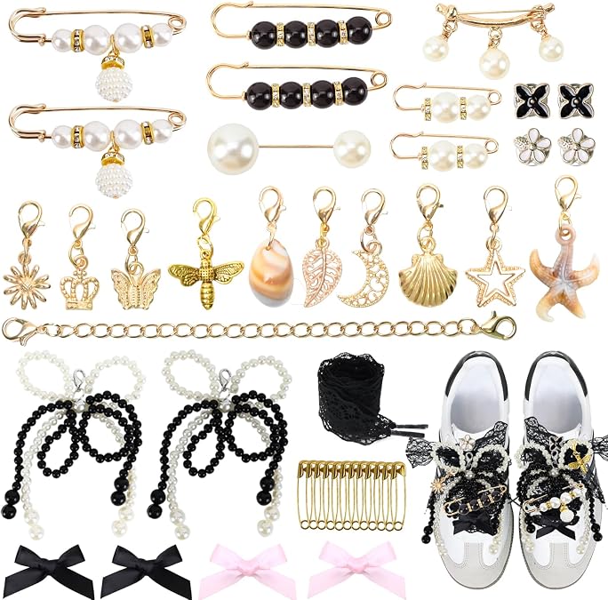 44PCS Shoes Charms for Sneakers Socks,Junk Socks Charms Kit with Ribbon Lace Shoelaces,Clips,Gold Chain,Lobster Clasps, Pins, Bows,Pearl Charms Accessories for Bag Hat