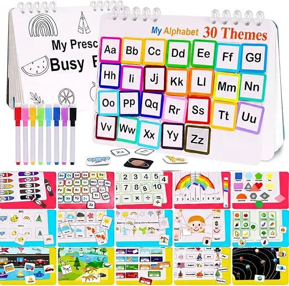 Mallify Busy Book for Toddlers 3-5, Montessori Busy Book with 30 Themes and 8 Markers, Kids Binder and Early Learning Toys, Preschool Busy Books for Toddlers, Tracing Coloring Book, BusyTots