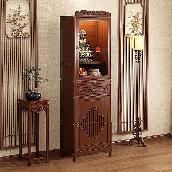 Buddhist Altar Table with Storage Drawers, Chinese Buddhist Prayer Altar Cabinet, Temple for Home, Pooja Mandir (Walnut with Door, 15 * 13 * 67in)