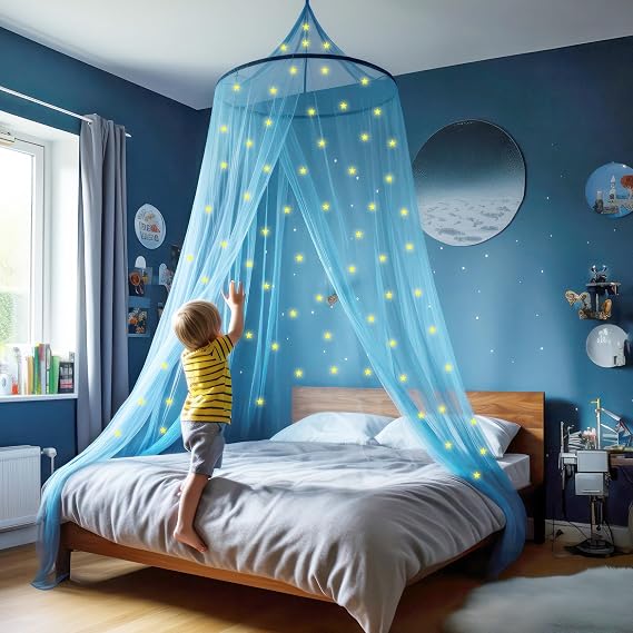 Blue Canopy for Boys Bed with Pre-Glued Glow-in-the-Dark Stars | Boy Mosquito Net Room Decor - Kid Bedroom Tent with Galaxy Lights