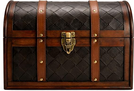 Vintiquewise Wooden Leather Treasure Chest Vintage Trunk, Small Storage Chest, Mini Memory Suitcase Storage Box, Keepsake Box, Pirate Decor Chest