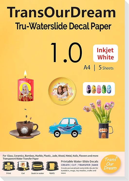 TransOurDream Water Slide Decal Paper for Inkjet Printer WHITE (5 Sheets, A4 Size) Transparent Waterslide Transfer Paper Printable Waterslide Paper for Tumblers, Mugs, Glasses