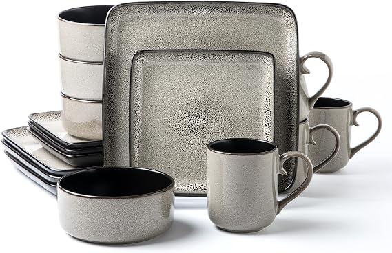 Arora FLACKAR Square Stoneware 16pc Dinnerware Set for 4, Dinner Plates, Side Plates, Cereal Bowls, Mugs - Reactive Glaze Grey (477653)