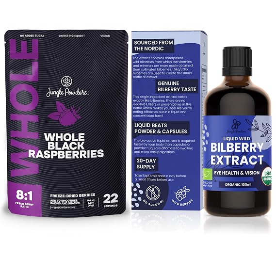 Jungle Powders Whole Black Freeze Dried Raspberries 3.2oz & Organic Wild Bilberry Extract 3.4oz - No Sugar Added Snack & Eye Support Raspberries for Snacking & More + Alcohol-Free Bilberry Extract