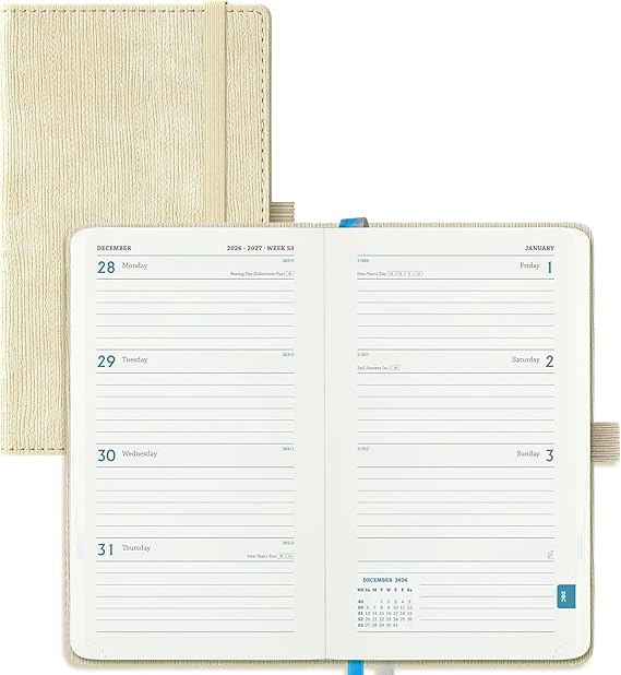 Academic Diary 2026-2027 Week to View Pocket A6 (16.4x9.5 cm) 18 Months (Jul'26 - Dec'27) Mid Year Diary 26/27 Weekly Planner with Timeslots& Month Tabs, PU Leather Beige