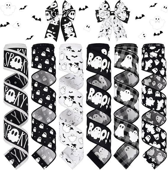 6 Rolls 30 Yards Black Halloween Wired Edge Ribbon Ghost Ribbon | 2 Inch Wide, Witch Hat Spider Web Bat Print, Halloween Floral Bow Making, Wreath Craft DIY, Gift Party Decor, 6 Styles
