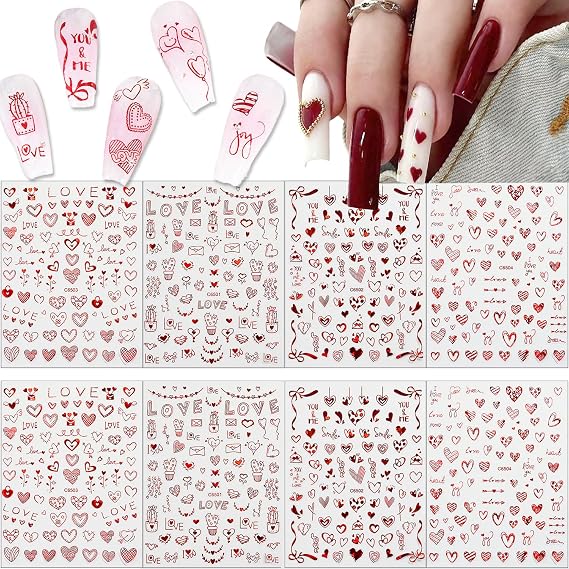 Heart Nail Art Stickers 8 Sheets Valentines Laser Red Heart Nail Decals 3D Self Adhesive Glitter Valentine Love Red Hearts Nail Art Stickers for DIY Nail Decorations Manicure Accessories