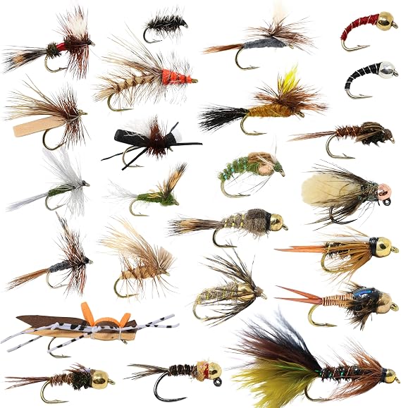 24 Fly Fishing Flies Assortment for Trout | 2 Dozen Fly Fishing Flies Kit | Dry Flies, Nymph, Wet, Streamers, Wooly Bugger Flies | Trout Lure Set Kit