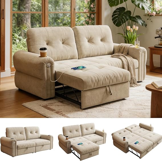 Queen Sleeper Sofas,Couch with Pull Out Sofa Bed Beige | USB Port,Cup Holder,Loveseat Pullout Couch Bed,Idea for Small Space,Rv couch,Apartment & Guest Room