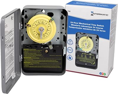 Intermatic T104 24-Hour Mechanical Timer Switch - 208277 VAC, DPST, Indoor Metal Enclosure, Heavy-Duty, Manual Override, 40 Amp - Ideal for Lights, Pumps, Fans, and HVAC Systems