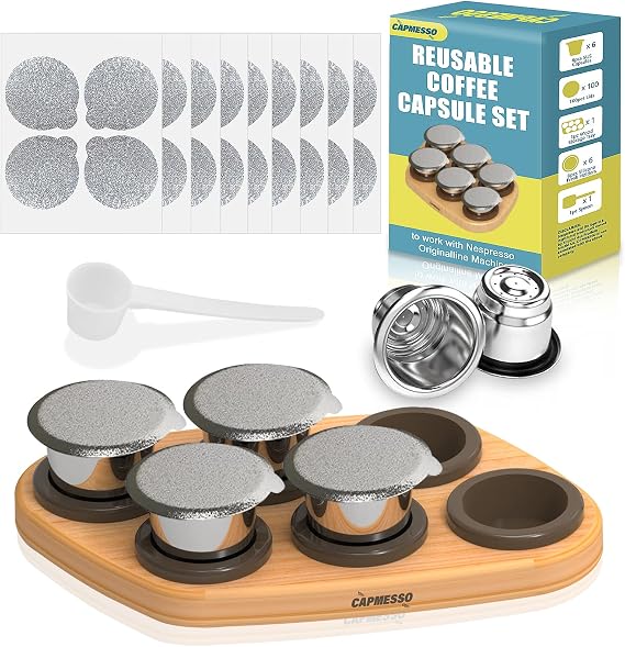 CAPMESSO Reusable Coffee Pods - 6pcs Refillable Stainless Steel Capsules Compatible with Nespresso Original Machine (6 Pods+100pcs Lids+ Wood Storage Tray)