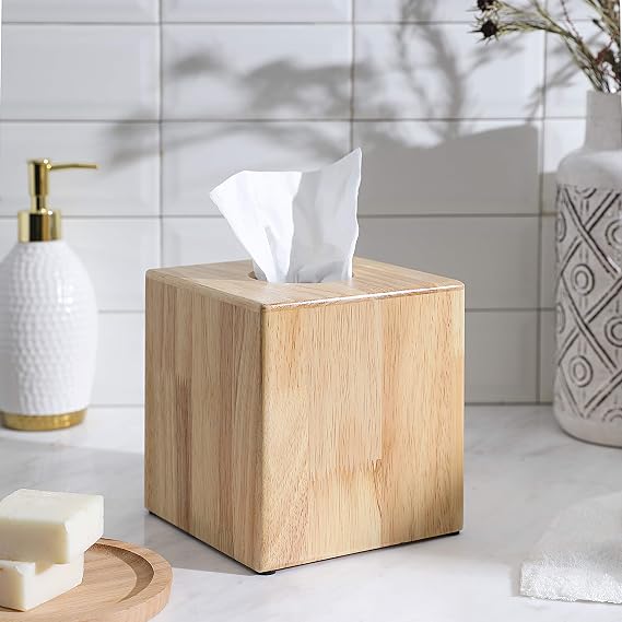 Decorative Square Tissue Box Holder/Cover for or Home Accent, Bathroom Accessories, Vanity, Countertop, Tabletop, Vanity, Office, College, Dorm( (Rubber Wood)